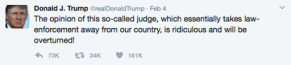 Donald Trump's Twitter post criticizing a judge's decision against his executive order